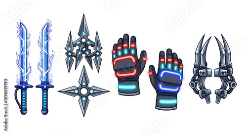 Futuristic Ninja Arsenal Featuring Cybernetic Swords, Shurikens, Gloves, and Metallic Claws