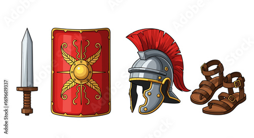 Ancient Roman Soldier Equipment: Sword, Shield, Helmet, and Leather Sandals