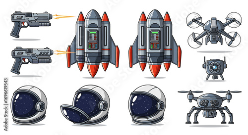 Cartoon Space Exploration Elements: Rockets, Weapons, Drones, and Astronaut Helmets
