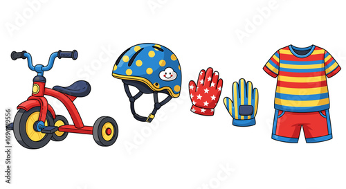Kids Bicycle Gear: Tricycle, Helmet, Gloves, and Striped Clothing