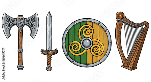 Celtic Symbols: Axe, Sword, Shield, and Harp Isolated on White
