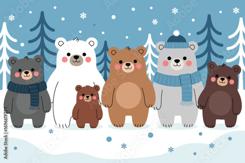 Cute Bear Family in Winter Wonderland Scene with Snowflakes. Playful Cartoon Cubs in Snowy Landscape. Ideal for Children’s Books, Holiday Cards, and Winter Illustrations.