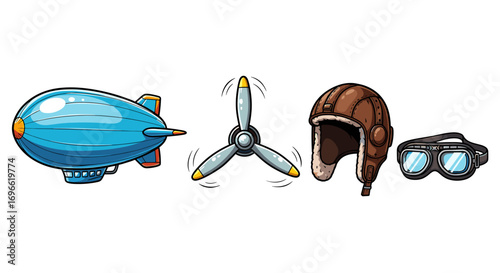 Aviation Nostalgia: Whimsical Blimp, Propeller, Helmet, and Goggles Artwork
