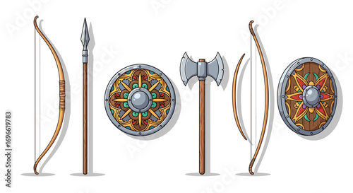 Cartoon illustration of Viking weapons: shields, axes, bows, and spear