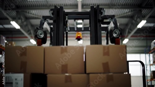 Warehouse Logistics: a forklift efficiently transports a pallet of cardboard boxes inside a warehouse setting