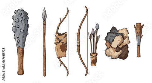 Prehistoric hunting and gathering tools and weapons collection illustration