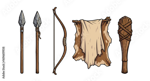 Stone Age Weaponry and Equipment Cartoon Style Illustration Isolated on White