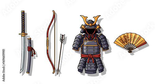 Traditional Samurai Gear Composition of Sword, Bow, Armor, and Fan