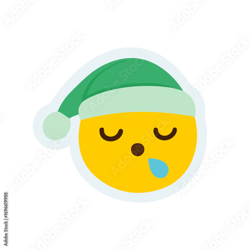 Cute Sleeping Emoji Face with Green Nightcap and Droplet in Flat Cartoon Style