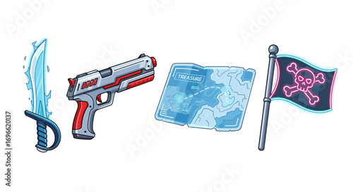 Cartoon Treasure Hunting Elements Featuring Sword, Gun, Map and Pirate Flag
