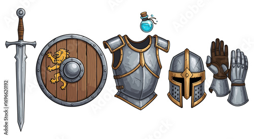 Knightly Equipment: A Sword, Shield, Armor, Helmet, Gloves and Potion