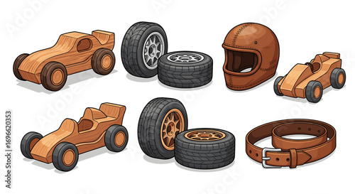 Cartoonish racing collection, including wood cars, helmet, tires, and belt