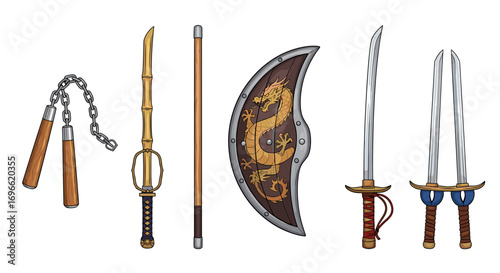 Collection of Oriental Weapons: Nunchucks, Sai, Shield, Sword, Twin Blades
