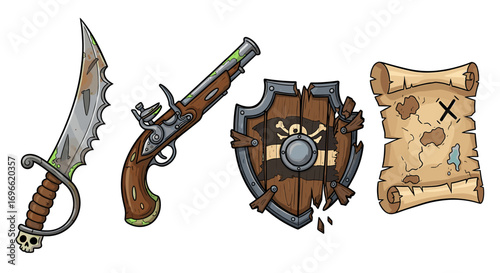 Cartoon Pirate Set: Sword, Pistol, Shield, and Treasure Map