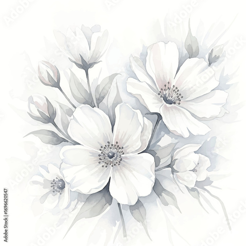 White flower watercolor background, Minimalist floral illustration, Elegant hand-painted blossoms, Soft botanical art design
