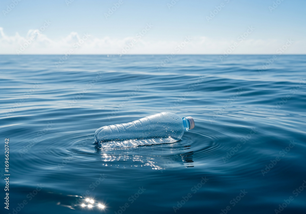 Naklejka premium Plastic Bottle Floating in Ocean – Marine Pollution Concept