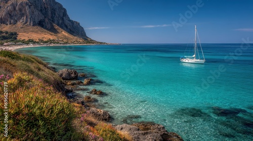 Sicily San Vito Lo Capo. A Sailing Boat in the Turquoise Waters of a Beautiful Italian Bay