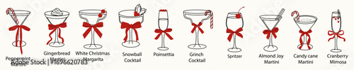 Christmas holiday cocktail glasses with red bows and festive garnishes. Modern minimal line art drink illustration. Vintage drink doodle collection for party invitations, bar menu, greeting cards.