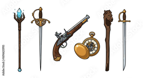Assorted antique fantasy objects arranged on white background for design asset