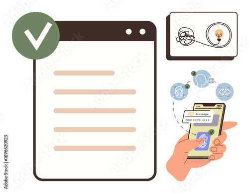 Hand holding phone for code verification, completed checklist, light bulb for idea, interconnected flow. Ideal for security, technology, authentication, innovation, communication access compliance
