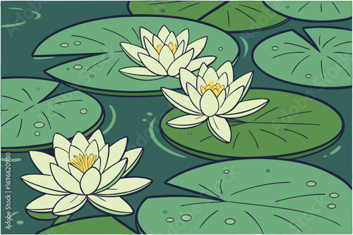Creamy water lilies rest serenely upon rich green lily pads in a pond scene