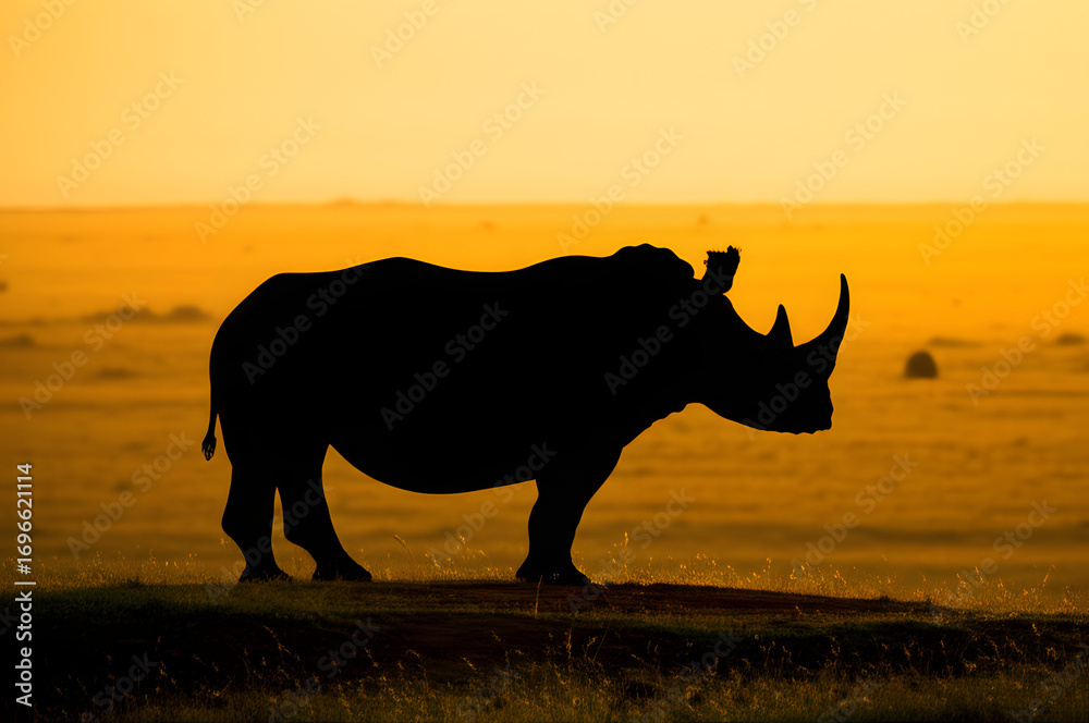Fototapeta premium Silhouette of a Rhino in the Golden Light of a Sunrise or Sunset