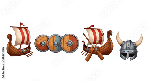 Viking Ships, Shields and Helmet on Isolated White Background