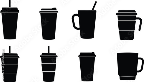Silhouettes of coffee cups, takeaway mugs with lids, straws, and handles — ideal for branding, packaging, or café illustrations.