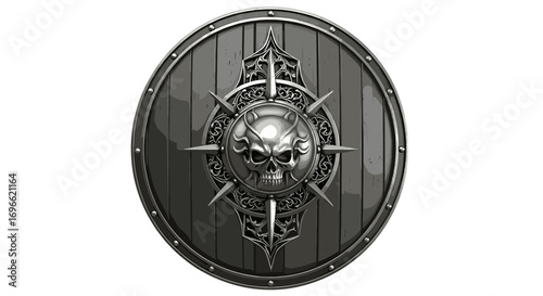Intricate Silver Shield with Skull, Spikes, and Dark Wood Finish