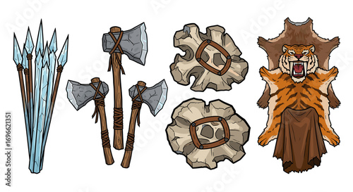Stone Age Tools and Textiles Isolated on White Background
