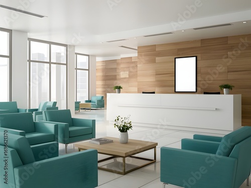 Stylish Office Lobby Interior with Blank Frame on Wall and City Skyline View