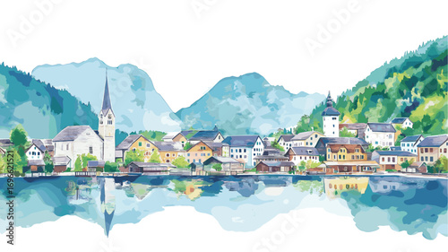 Hallstatt Village. Hallstatt Village watercolor vector illustration