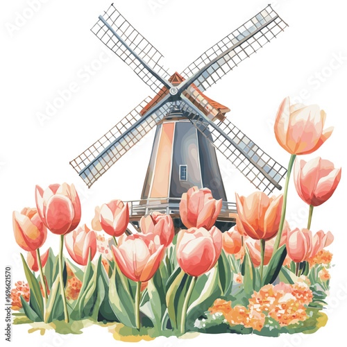 Keukenhof Gardens. Keukenhof Gardens watercolor vector illustration