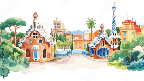 Park Guell. Park Guell watercolor vector illustration