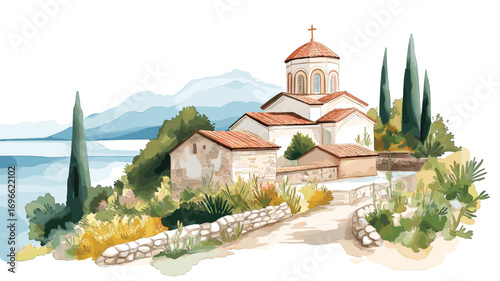 Saint John at Kaneo. Saint John at Kaneo watercolor vector illustration