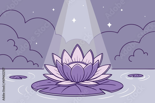 Violet water lily floats on a lily pad beneath shining stars in soft hues