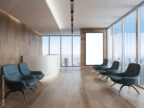 Corporate Reception Area with Blank Poster Mockup in Bright Daylight