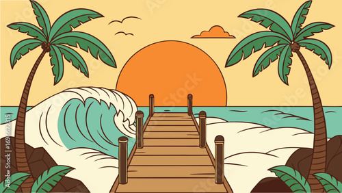 A seaside view shows palm trees flanking a pier leading toward the sunrise