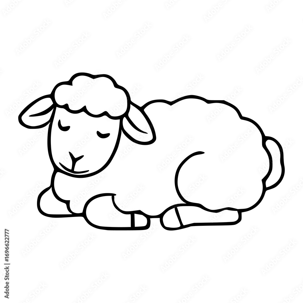Obraz premium A charming vector illustration of a sleeping lamb, characterized by its simplified, cartoonish style and serene posture, perfect for children's books or textile designs.