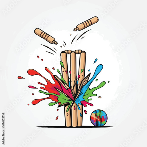 need Colorful Cricket stumps and bails hit by a stumps with globs vector art.