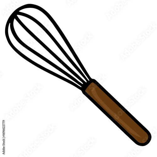 A vector illustration of a simple, hand-drawn style whisk with a brown wooden handle, perfect for baking-themed designs.