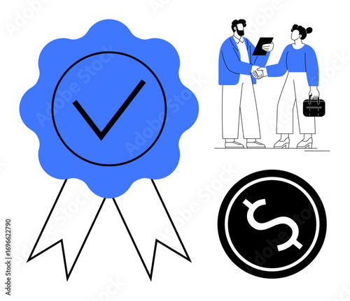Blue checkmark badge with ribbon, handshake between business professionals, and dollar sign coin. Ideal for trust, quality, agreement, certification, collaboration business growth rewards. Simple