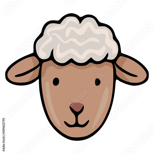 Adorable vector illustration of a sheep's face, featuring a wavy wool texture and soft brown tones, perfect for children's products or farm-themed designs.