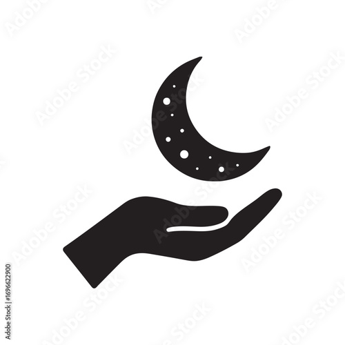 A black vector silhouette of a hand holding a crescent moon with white spots on a white background art.