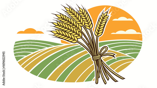 Bunch of wheat ears tied with ribbon rests against a sunlit field illustration