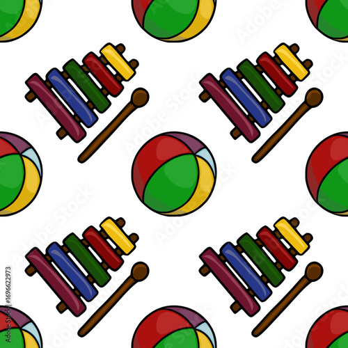 Seamless vector pattern featuring a playful xylophone and colorful beach balls, ideal for children's products or cheerful designs.