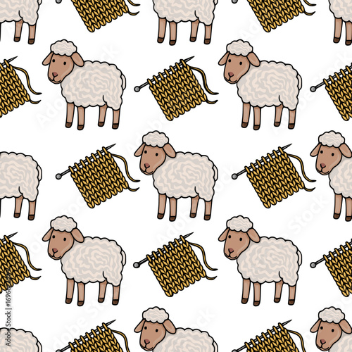 Seamless vector pattern featuring adorable cartoon sheep and knitting needles with golden yarn, creating a charming and cozy textile design perfect for winter projects.