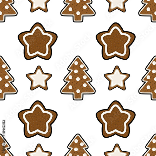 Seamless vector pattern featuring charming gingerbread cookies shaped as stars and Christmas trees, decorated with white icing and dots, creating a festive and joyful holiday design.