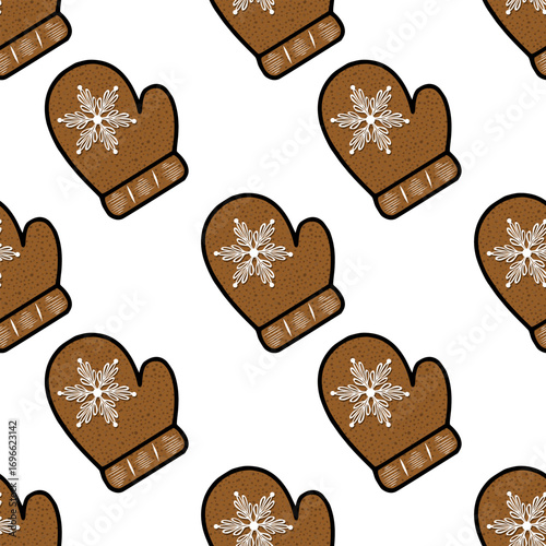 Seamless vector pattern of brown mittens with snowflake design, perfect for winter-themed projects and festive backgrounds.