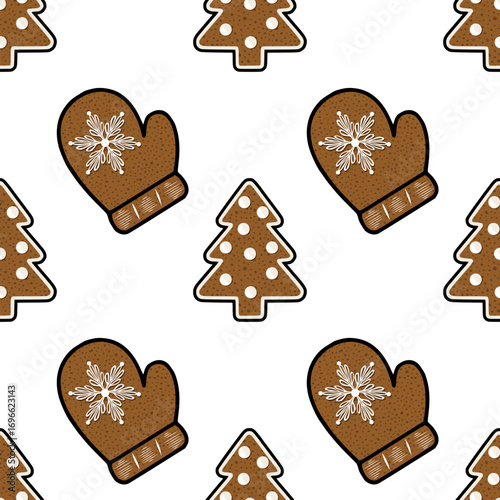 Seamless vector pattern featuring charming gingerbread mittens and Christmas trees, perfect for festive winter designs and winter holidays wrapping paper.